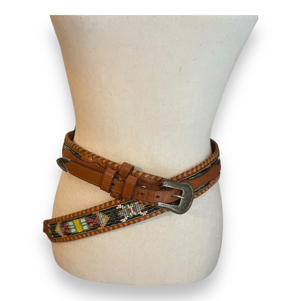 Southwestern Brown Leather Beaded Whipstitch Belt Silver Engraved Buckle Aztec - Picture 1 of 8